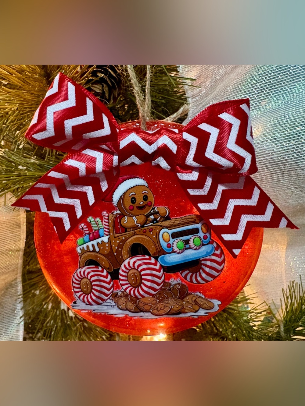 Red Gingerbread Truck Holiday Ornament with Chevron Bow